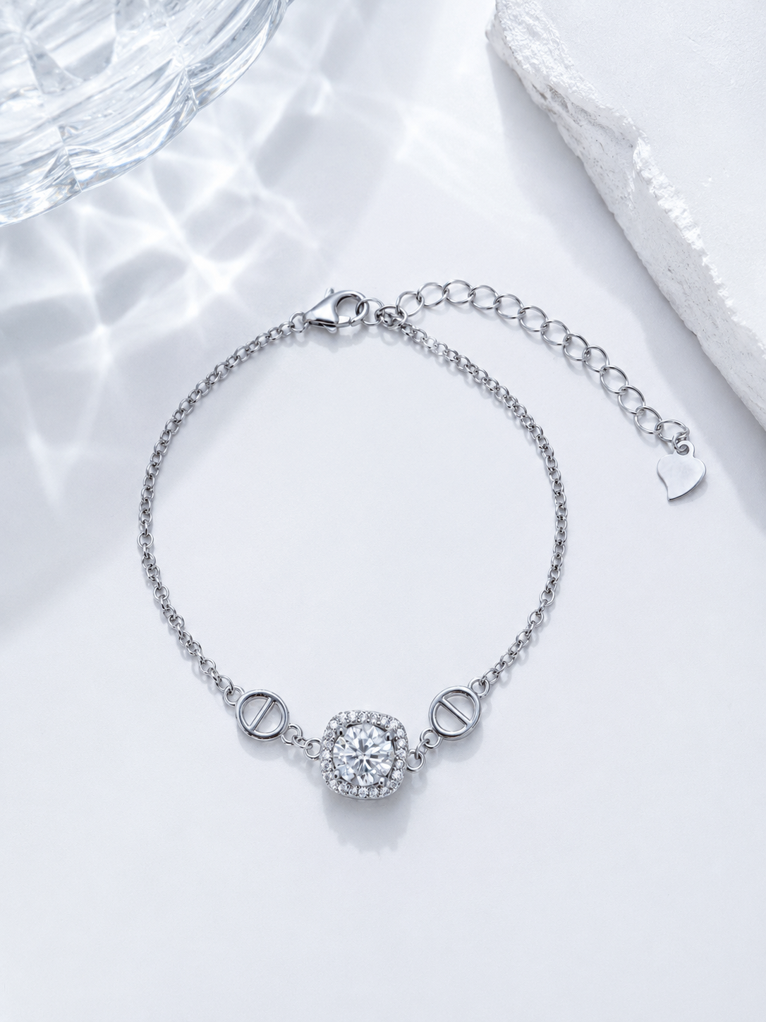 Celand 1CT Cushion Halo Moissanite Bracelet, S925 Silver