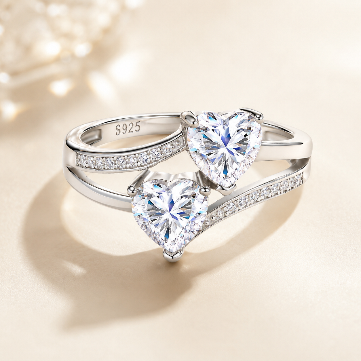 1.6CTW Double Heart Moissanite Ring in S925 Sterling Silver